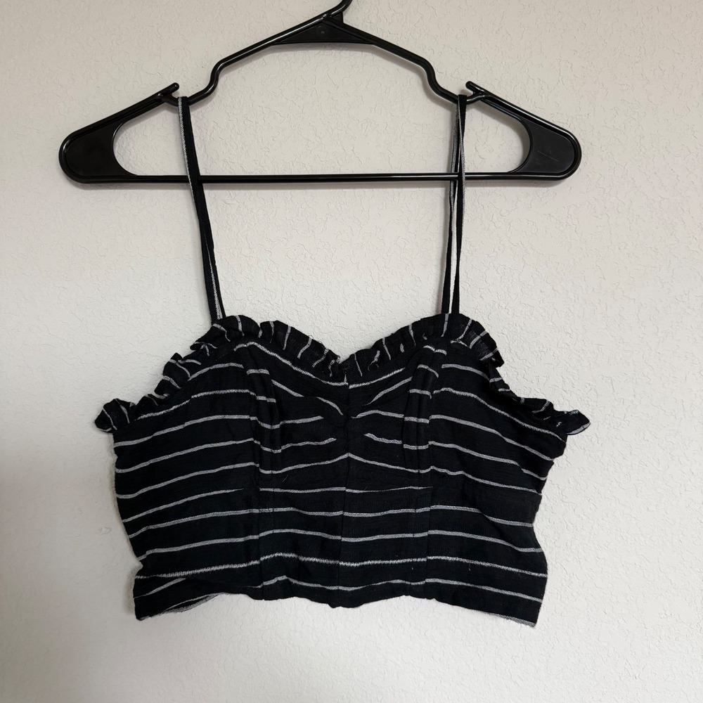 American Eagle Striped Ruffle Crop Cami Top Black White Small Smocked Back Boho